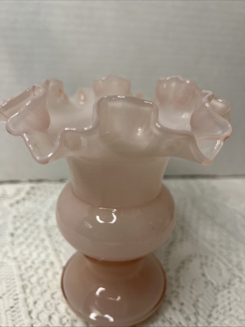Fenton Glass Pink Melon Overlay Vase Ruffle Top 6.25" tall No Chips Cracks